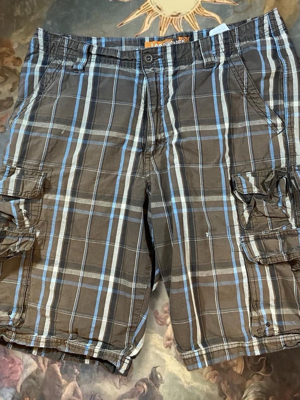 Lee Brown Plaid Cargo Shorts with Blue Stripes